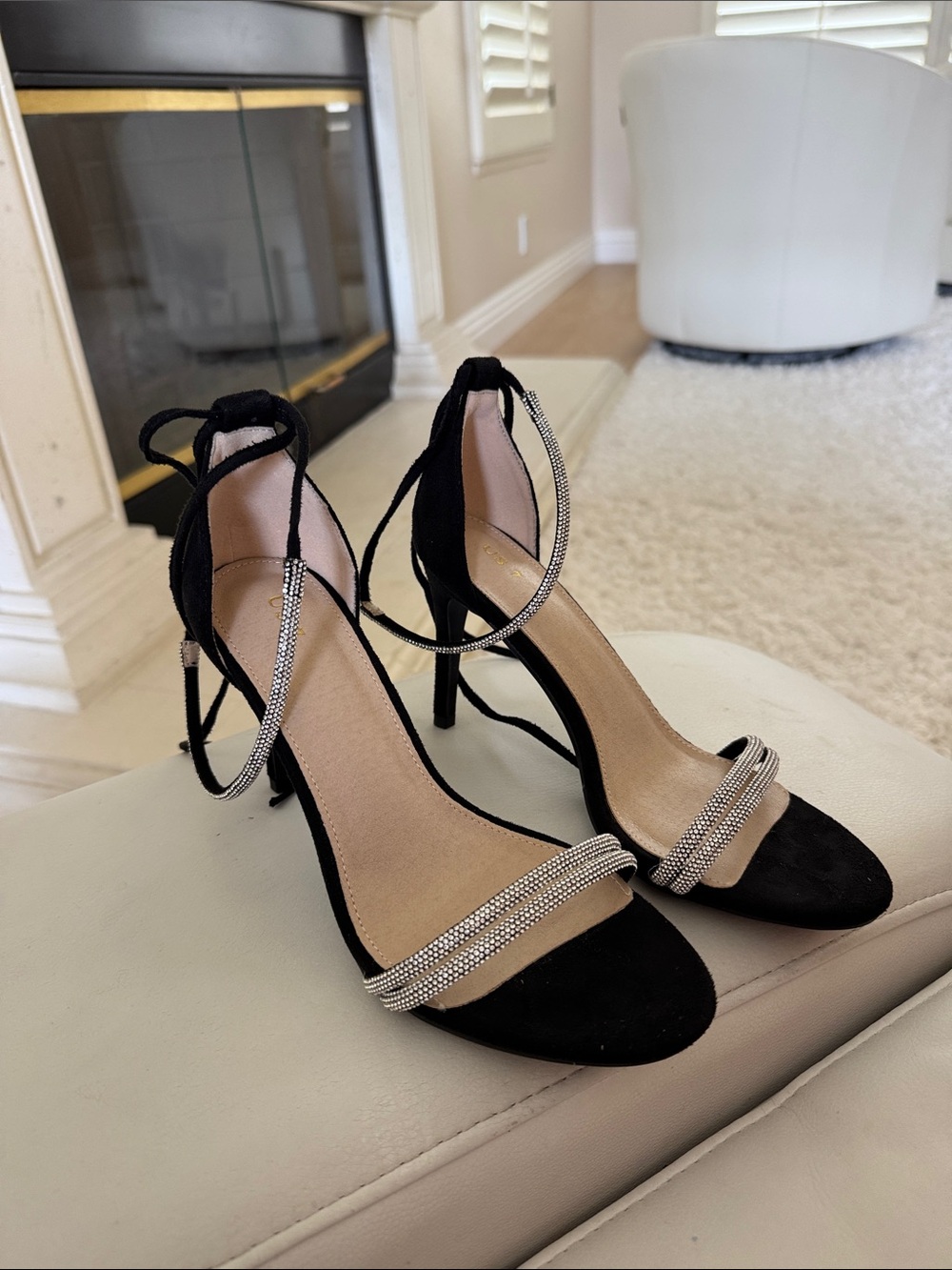 Black Rhinestone-Embellished Lace-Up Stiletto Heels
